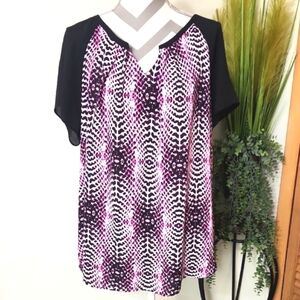 Worthington Black and Purple Relaxed Graphic Mesh Tunic Blouse